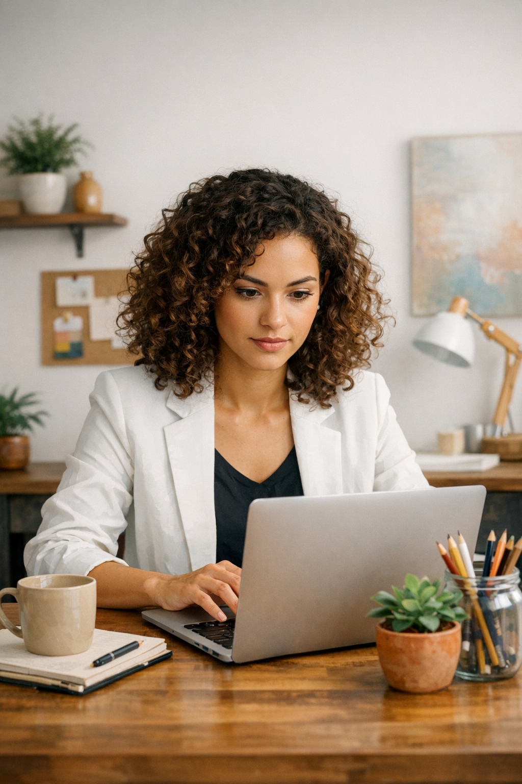 modelingcompound  a young professional woman with curly brown hair sits at a wooden table intently focused on her laptop screen simple professional ba-1